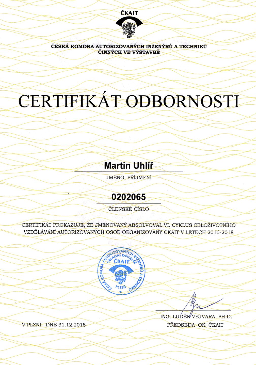 Certifikát odbornosti Martin Uhlíř